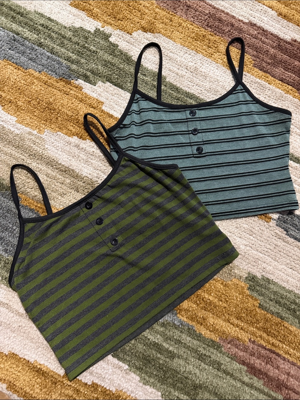 Striped Ribbed Cropped Tank Top - (1 Green & 1 Teal)